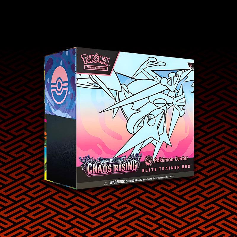 Pokémon trading card game box with a stylized Pokémon design on a black and red patterned background